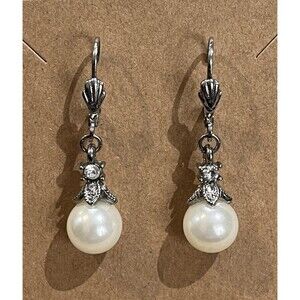 Vintage Pearl Drop Silver Hook Pierced Earrings Victorian Goth Regency